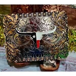 Longhorn belt buckle Western Horse Cross Rodeo Silver & Rose Texas-style